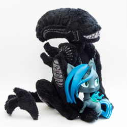 Size: 1400x1400 | Tagged: safe, artist:valmiiki, character:queen chrysalis, species:changeling, alien, alien (franchise), antagonist, bff, changeling queen, chibi, duo, embrace, female, figure, friendship, irl, photo, plushie, simple background, toy, welovefine, white background, xenomorph