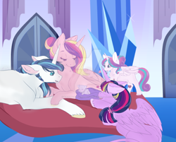 Size: 1024x824 | Tagged: safe, artist:uniquecolorchaos, character:princess cadance, character:princess flurry heart, character:shining armor, character:twilight sparkle, character:twilight sparkle (alicorn), oc, oc:crystal starlight, parent:princess cadance, parent:shining armor, parents:shiningcadance, species:alicorn, species:pony, species:unicorn, baby, baby pony, best aunt ever, female, filly, foal, heart, male, mare, newborn, offspring, prone, stallion, watermark