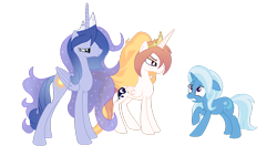 Size: 1600x842 | Tagged: safe, artist:luckyclau, character:princess celestia, character:princess luna, character:trixie, species:alicorn, species:pony, species:unicorn, episode:a royal problem, g4, my little pony: friendship is magic, alternate universe, female, mare, simple background, transparent background, vector