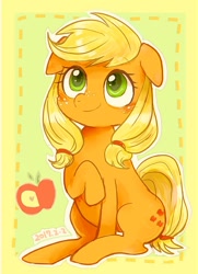 Size: 998x1380 | Tagged: safe, artist:osawari64, character:applejack, species:earth pony, species:pony, blonde, cute, female, floppy ears, happy, hatless, hoof on chest, jackabetes, looking up, missing accessory, pigtails, raised hoof, sitting, smiling, solo, three quarter view