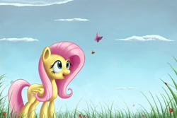 Size: 1500x1000 | Tagged: dead source, safe, artist:polkin, character:fluttershy, butterfly, cloud, female, flower, grass, insect, ladybug, solo