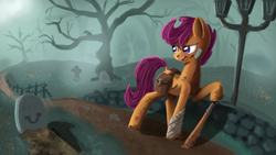 Size: 2560x1440 | Tagged: safe, artist:ailynd, character:scootaloo, species:bat, species:pegasus, species:pony, bandaid, baseball bat, female, graveyard, mare, open mouth, solo
