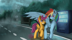 Size: 2560x1440 | Tagged: safe, artist:ailynd, character:rainbow dash, character:scootaloo, species:pegasus, species:pony, cute, dark, female, mare, rain, scenery, scootalove, sign, street, tree, vending machine, wing umbrella