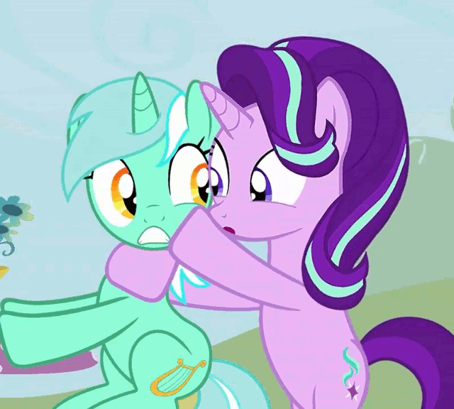 Size: 640x576 | Tagged: safe, artist:toucanldm, character:lyra heartstrings, character:starlight glimmer, species:pony, species:unicorn, animated, female, gif, looking at each other, loop, mare, personal space invasion, rubbing, scared, sitting, starlight likes kites, youtube link