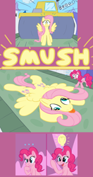 Size: 1800x3400 | Tagged: safe, artist:wydart, character:fluttershy, character:pinkie pie, species:pony, cartoon physics, flattening, steamroller