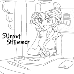 Size: 600x600 | Tagged: safe, artist:invisibleone11, character:sunset shimmer, my little pony:equestria girls, clothing, female, happi, hat, japanese, knife, lantern, looking at you, monochrome, sketch, smiling, solo, sunset sushi, toy interpretation