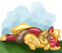 Size: 4687x4017 | Tagged: safe, artist:cleppyclep, character:big mcintosh, character:caramel, species:earth pony, species:pony, ship:caramac, absurd resolution, gay, male, shipping, sleeping, stallion