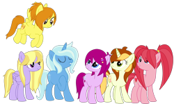 Size: 4000x2400 | Tagged: safe, artist:luckyclau, character:blaze, character:fuchsia blush, character:lavender lace, character:pacific glow, character:peachy pitt, character:trixie, species:pony, my little pony:equestria girls, alternate mane six, alternate universe, equestria girls ponified, ponified, simple background, transparent background
