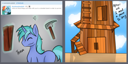 Size: 2452x1226 | Tagged: safe, artist:wulfanite, oc, oc only, oc:mimicry, species:pony, species:unicorn, ask, building, hammer, homunculus, house, island, ladder, nails, solo, treehouse, tumblr, wood