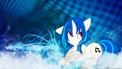 Size: 1920x1080 | Tagged: safe, artist:shelmo69, artist:tadashi--kun, edit, character:dj pon-3, character:vinyl scratch, species:pony, species:unicorn, chest fluff, cutie mark, female, hooves, horn, mare, red eyes, solo, text, vector, wallpaper, wallpaper edit, wrong eye color