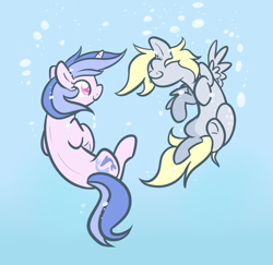 Size: 1046x1016 | Tagged: safe, artist:selective-yellow, character:derpy hooves, character:sea swirl, species:pegasus, species:pony, species:unicorn, background pony, bubble, cute, duo, female, mare, swimming, underhoof, underwater