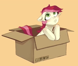 Size: 1983x1677 | Tagged: safe, artist:facerenon, character:roseluck, species:earth pony, species:pony, box, cute, female, floppy ears, mare, pony in a box, pouting, solo