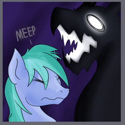 Size: 1024x1024 | Tagged: safe, artist:wulfanite, oc, oc only, oc:mimicry, species:pony, impending doom, meep, monster, night, scrunch, shadow