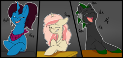 Size: 1500x710 | Tagged: safe, artist:heartscharm, oc, oc only, oc:altus bastion, oc:heart charms, oc:miko, species:earth pony, species:pony, species:unicorn, black background, clothing, comic, crying, desk, dialogue, earbuds, female, headset, laughing, male, mare, microphone, panel, panels, scarf, simple background, snickering, stallion, tears of joy, white outline
