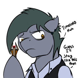 Size: 1226x1226 | Tagged: safe, artist:wulfanite, oc, oc only, oc:mimicry, species:earth pony, species:pony, clothing, discorded, doctor who, ear piercing, earring, haircut, jewelry, piercing, shirt, simple background, sonic screwdriver, timelord, transparent background, waistcoat