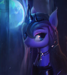 Size: 774x859 | Tagged: safe, artist:lmgchikess, character:princess luna, species:alicorn, species:pony, chromatic aberration, collar, female, full moon, looking at you, mare, moon, solo