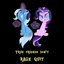 Size: 1000x1000 | Tagged: safe, artist:talonsofwater, character:starlight glimmer, character:trixie, species:pony, species:unicorn, controller, female, rage quit, simple background, welovefine