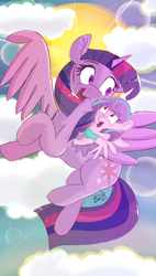 Size: 2900x5100 | Tagged: safe, artist:bow2yourwaifu, character:princess flurry heart, character:twilight sparkle, character:twilight sparkle (alicorn), species:alicorn, species:pony, episode:a flurry of emotions, g4, my little pony: friendship is magic, absurd resolution, aunt, aunt and niece, best aunt ever, cloud, cloudy, ear fluff, female, flying, happy, mare, open mouth, ponies riding ponies, sky, sun