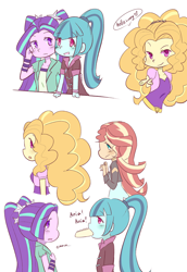 Size: 1280x1860 | Tagged: safe, artist:yuck, character:adagio dazzle, character:aria blaze, character:sonata dusk, character:sunset shimmer, ship:arisona, ship:sunsagio, my little pony:equestria girls, colored pupils, comic, dialogue, female, food, lesbian, mouth hold, shipping, simple background, taco, white background