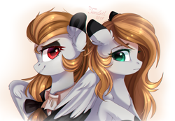 Size: 1279x886 | Tagged: safe, artist:ten-dril, oc, oc only, species:pegasus, species:pony, back to back, clothing, duo, female, green eyes, mare, red eyes