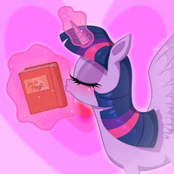Size: 900x900 | Tagged: safe, artist:leffenkitty, character:twilight sparkle, character:twilight sparkle (alicorn), species:alicorn, species:pony, bibliophile, blushing, book, cargo ship, eyes closed, female, heart, imminent kissing, levitation, magic, shipping, spread wings, telekinesis, that pony sure does love books, twibook, wings