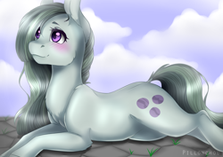 Size: 4092x2893 | Tagged: safe, artist:pillonchou, character:marble pie, species:earth pony, species:pony, absurd resolution, cloud, cute, female, marblebetes, mare, prone, sky, smiling, solo