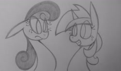 Size: 3264x1920 | Tagged: safe, artist:poorlydrawnpony, character:bon bon, character:lyra heartstrings, character:sweetie drops, species:earth pony, species:pony, species:unicorn, bust, duo, floppy ears, grayscale, looking at each other, monochrome, smiling, traditional art