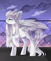 Size: 1280x1524 | Tagged: safe, artist:ten-dril, oc, oc only, species:pegasus, species:pony, blue blush, blushing, body blush, cloud, complex background, ear piercing, earring, eyes closed, female, fence, jewelry, long hair, mare, one hoof raised, piercing, raised hoof, sky, smiling, solo, stars, twilight (astronomy), unshorn fetlocks, white hair, wing blush, wings