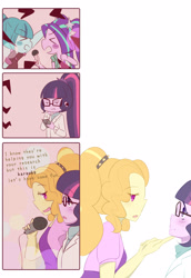 Size: 2370x3444 | Tagged: safe, artist:yuck, character:adagio dazzle, character:aria blaze, character:sonata dusk, character:twilight sparkle, character:twilight sparkle (scitwi), species:eqg human, ship:adagilight, my little pony:equestria girls, :t, blushing, colored pupils, comic, dialogue, female, glasses, lesbian, microphone, science, shipping, singing