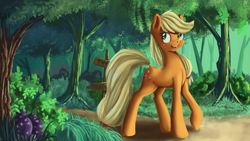 Size: 5120x2880 | Tagged: safe, artist:ailynd, character:applejack, species:earth pony, species:pony, absurd resolution, female, forest, freckles, mare, sign, smiling, solo, tree