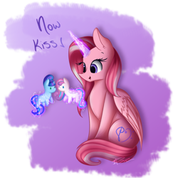 Size: 1024x1024 | Tagged: safe, artist:mindlesssketching, character:princess flurry heart, oc, oc:ashley, oc:galaxy star, species:alicorn, species:pony, alicorn oc, canon x oc, female, glowing horn, magic, mare, plushie, shipper on deck, simple background, sitting, telekinesis, toy, transparent background