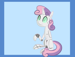 Size: 1600x1200 | Tagged: safe, artist:provolonepone, character:sweetie belle, species:pony, species:unicorn, sweetie bot, female, filly, foal, hooves, horn, raised hoof, robot, robot pony, sitting, solo