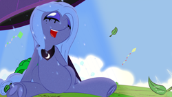 Size: 1920x1080 | Tagged: safe, artist:sunny4sunnly, character:princess luna, species:pony, comic style, eyes closed, female, hooves, makeup, open mouth, rain, running makeup, sitting, solo, underhoof