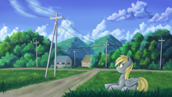 Size: 2560x1440 | Tagged: safe, artist:ailynd, character:derpy hooves, species:pegasus, species:pony, female, prone, scenery, smiling, solo