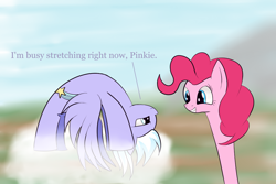 Size: 2000x1333 | Tagged: safe, artist:huffy26, character:cloudchaser, character:pinkie pie, species:earth pony, species:pegasus, species:pony, newbie artist training grounds, atg 2017, backbend, cloud, dialogue, female, flexible, frown, get, glare, grin, index get, interrupted, long neck, mare, pinkie being pinkie, pinkie physics, smiling, spread wings, squee, stretching, unamused, upside down, wings, x00000 milestone