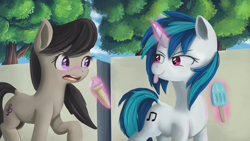Size: 2560x1440 | Tagged: safe, artist:ailynd, character:dj pon-3, character:octavia melody, character:vinyl scratch, species:earth pony, species:pony, species:unicorn, blushing, duo, female, food, ice cream, mare, smiling, tongue out