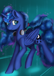 Size: 2047x2894 | Tagged: safe, artist:ailynd, character:princess luna, species:alicorn, species:pony, gamer luna, female, headphones, mare, smiling, solo