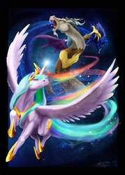 Size: 1000x1400 | Tagged: safe, artist:slifertheskydragon, character:discord, character:princess celestia, character:princess luna, species:alicorn, species:draconequus, species:pony, g4, black background, ethereal mane, female, fight, flying, galaxy mane, hoers, male, mare, open mouth, origins, royal sisters, simple background, spread wings, trail, trio, wings