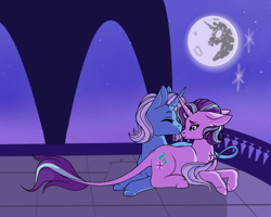 Size: 1000x800 | Tagged: safe, artist:uniquecolorchaos, character:starlight glimmer, character:trixie, species:classical unicorn, species:pony, species:unicorn, ship:startrix, duo, female, leonine tail, lesbian, mare, mare in the moon, moon, shipping, unshorn fetlocks