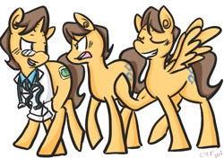 Size: 935x660 | Tagged: safe, artist:cleppyclep, character:caramel, character:doctor horse, character:doctor stable, species:earth pony, species:pegasus, species:pony, species:unicorn, angry, caramel is awesome, duality, glasses, open mouth, similarities, smiling