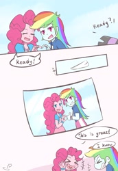 Size: 1409x2048 | Tagged: safe, artist:yuck, character:pinkie pie, character:rainbow dash, ship:pinkiedash, my little pony:equestria girls, camera, clothing, comic, cute, dialogue, diapinkes, eyes closed, female, heart hands, lesbian, multicolored hair, open mouth, photo, shipping, smiling