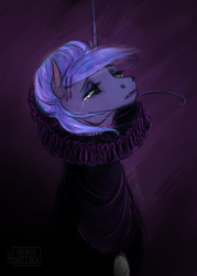 Size: 1000x1400 | Tagged: safe, artist:hengebellika, character:princess luna, species:pony, alternate hairstyle, clothing, collar, crying, dress, elizabethan, female, hair accessory, hair bun, jewelry, mare, necklace, ruff (clothing), sad, signature, simple background, solo