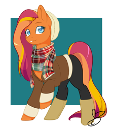 Size: 1143x1280 | Tagged: safe, artist:heartscharm, oc, oc only, species:earth pony, species:pony, boots, clothing, coat, female, looking at you, mare, pants, scarf, shoes, simple background, smiling, solo