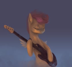 Size: 1286x1200 | Tagged: safe, artist:fruitbloodmilkshake, character:scootaloo, species:pegasus, species:pony, bass guitar, bipedal, electric guitar, female, guitar, musical instrument, scootabass, solo
