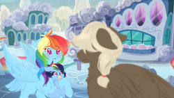 Size: 1024x576 | Tagged: safe, artist:uniquecolorchaos, character:dumbbell, character:rainbow dash, oc, oc:windy belle, parent:rainbow dash, parent:soarin', parents:soarindash, species:pony, baby, baby pony, offspring, sadbow dash, teary eyes