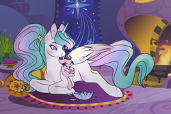 Size: 1024x683 | Tagged: safe, artist:uniquecolorchaos, character:princess celestia, oc, oc:ambrosia, parent:discord, parent:princess celestia, parents:dislestia, species:pony, eggshell, female, hybrid, interspecies offspring, male, momlestia, mother and daughter, mouth hold, offspring, prone, shipping, straight