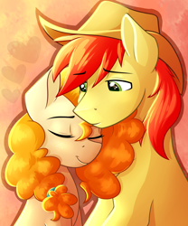 Size: 2000x2400 | Tagged: safe, artist:rubywave32, character:bright mac, character:pear butter, species:earth pony, species:pony, ship:brightbutter, episode:the perfect pear, g4, my little pony: friendship is magic, :t, abstract background, clothing, cowboy hat, cute, eyes closed, female, hat, heart, lidded eyes, male, mare, neck nuzzle, nuzzling, shipping, sitting, smiling, stallion, stetson, straight
