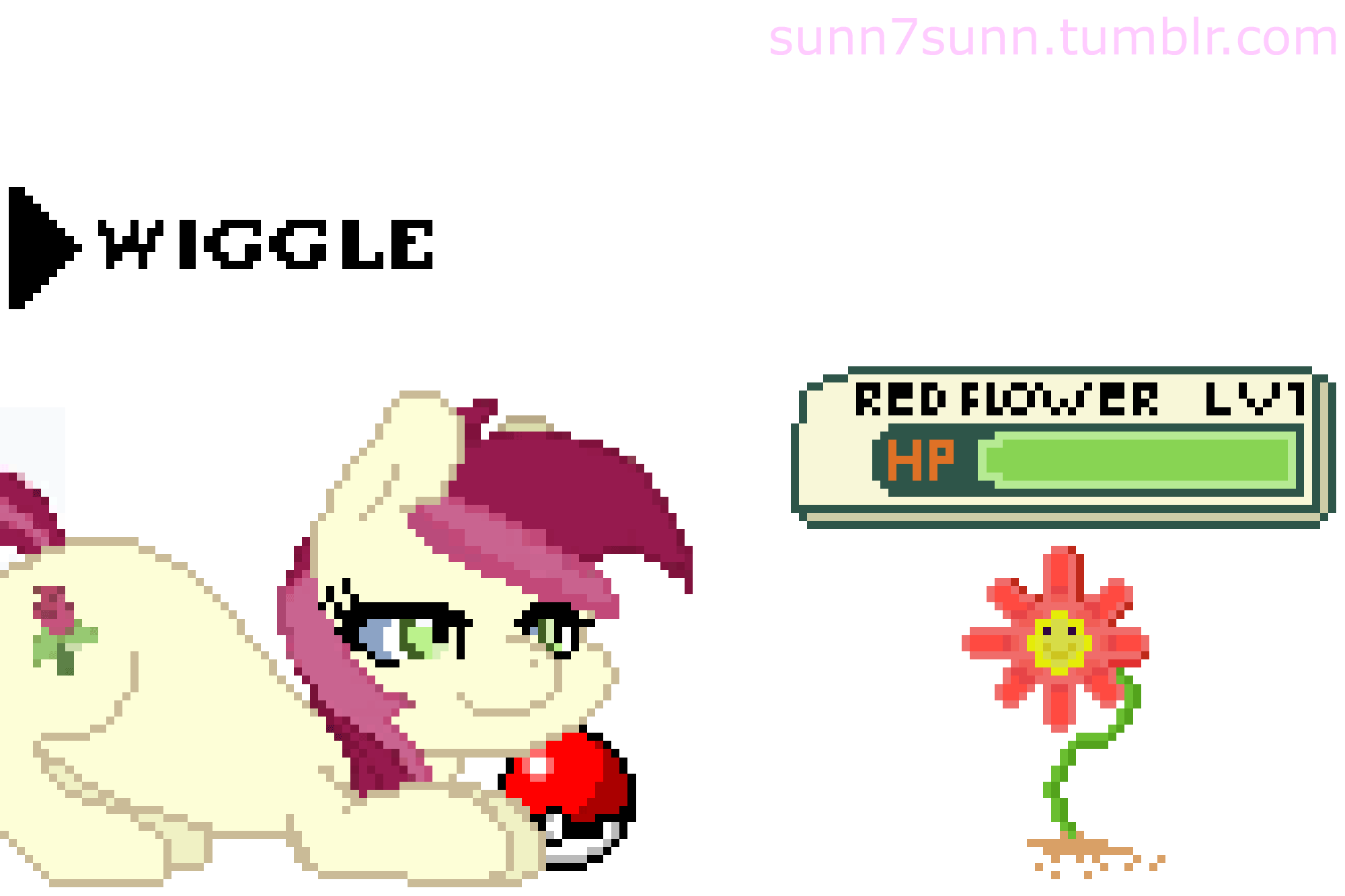 Size: 2000x1333 | Tagged: safe, artist:sunny4sunnly, character:roseluck, species:earth pony, species:pony, animated, bedroom eyes, butt shake, crossover, face down ass up, female, flower, gif, mare, plot, pokéball, pokémon, simple background, smiling, solo, white background, wiggle, wiggling