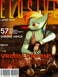 Size: 2400x3200 | Tagged: safe, artist:blackspoiler, character:rainbow dash, species:anthro, 3d, car, chevrolet corvette, chevrolet corvette c7.r, corvette c7, elusive issue series, garage, magazine, magazine cover, photoshop, source filmmaker, text, tools