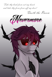 Size: 1471x2200 | Tagged: safe, artist:wulfanite, oc, oc only, oc:nevermore ravenheart, species:bird, species:earth pony, species:pony, species:raven, black sclera, edgar allan poe, possessed, quote, red eyes, simple background, the raven
